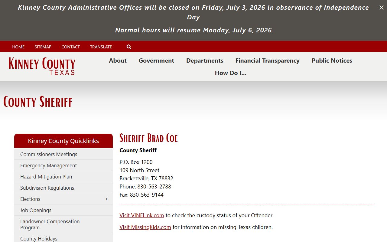 Kinney County inmate population sheriff custody status source